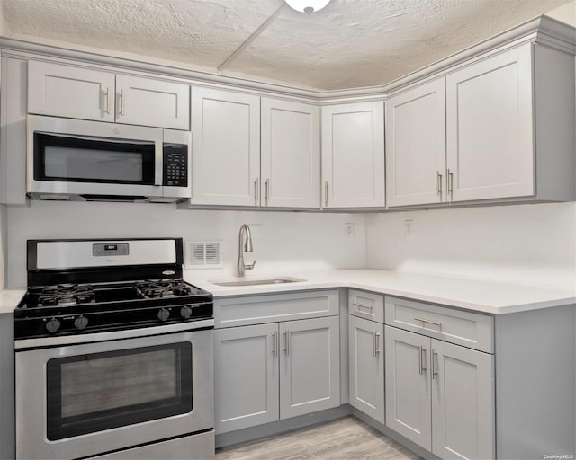 222 Smith St Unit 3C, Freeport, NY 11520 - kitchen featuring stainless steel appliances, a sink, gray cabinetry, light countertops, and a textured ceiling