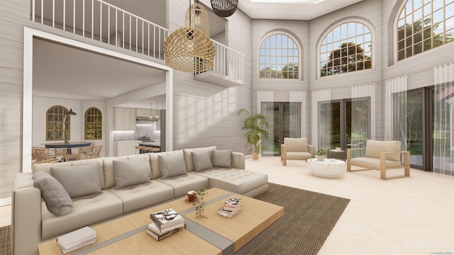 living room featuring a towering ceiling