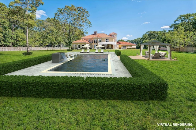 exterior space with a gazebo, a patio area, a pool, and a yard