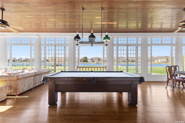 recreation room featuring wooden ceiling, dark wood-type flooring, and pool table