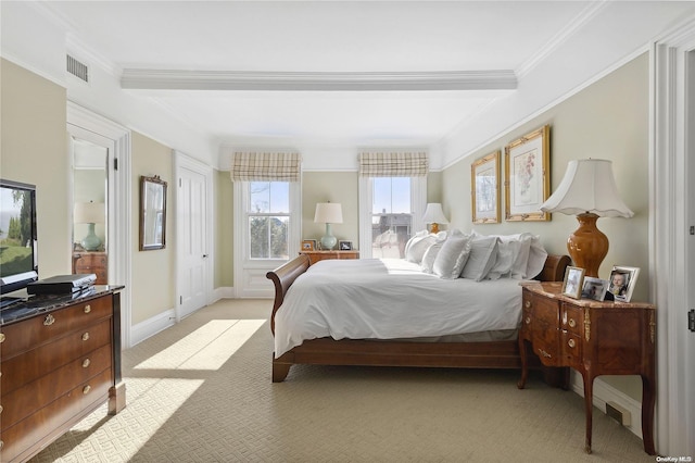 bedroom featuring light carpet, crown molding, and beamed ceiling