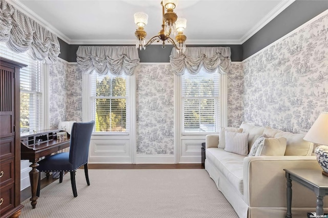 office space with light wood-type flooring, crown molding, and a wealth of natural light