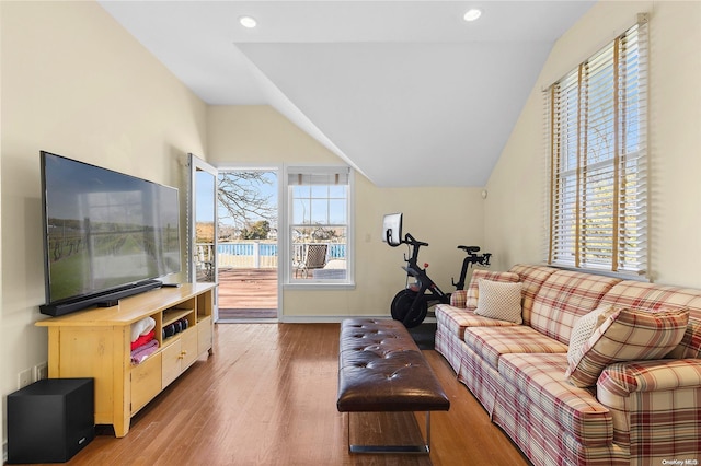 living room featuring hardwood / wood-style floors and lofted ceiling