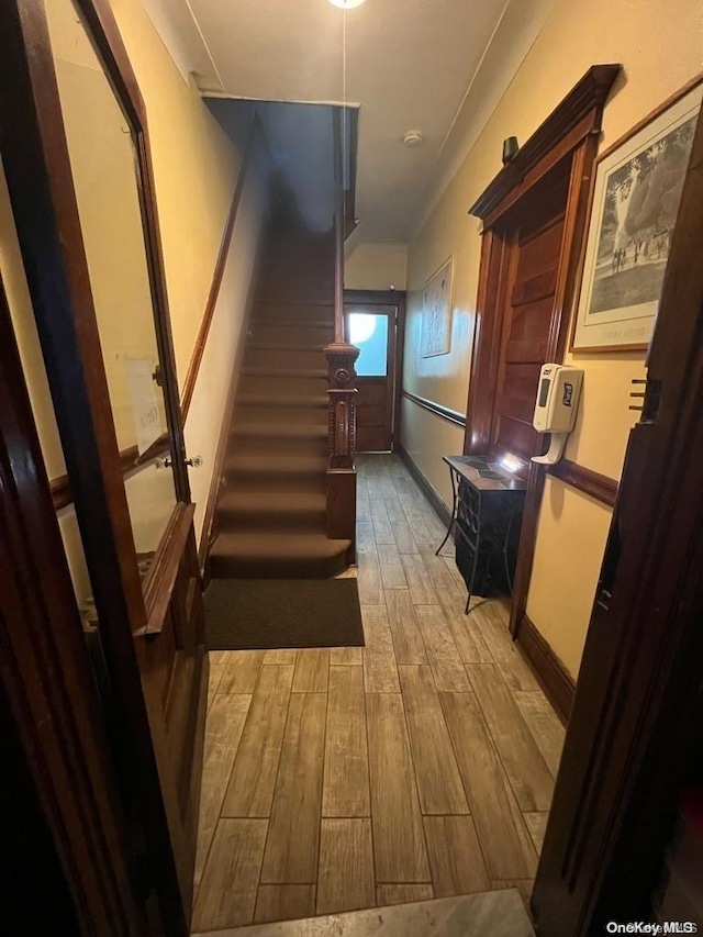 staircase featuring wood-type flooring