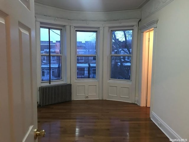 doorway to outside with dark hardwood / wood-style floors, ornamental molding, and radiator