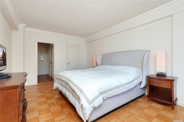 bedroom featuring light parquet floors and ornamental molding