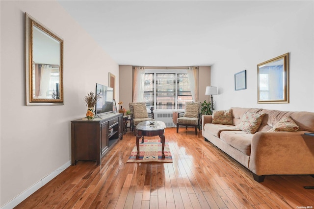 living room featuring wood-type flooring and radiator heating unit