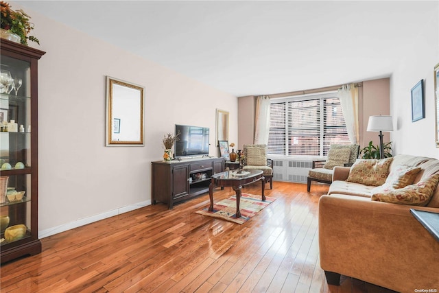 living room with radiator heating unit and light hardwood / wood-style floors