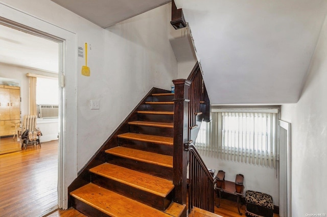 stairway with hardwood / wood-style flooring and a wealth of natural light