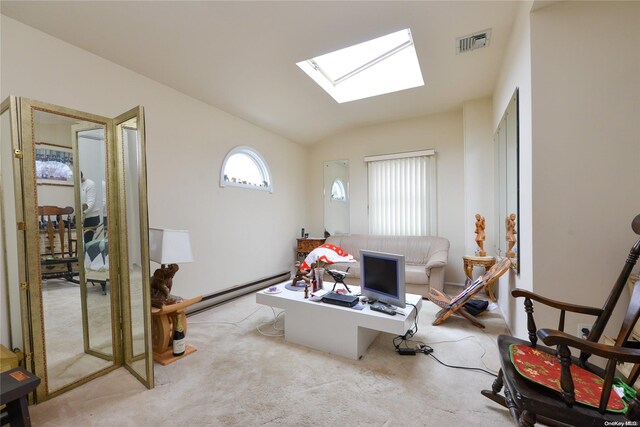 living area featuring lofted ceiling with skylight, light carpet, and baseboard heating