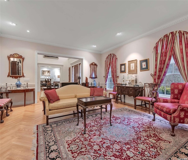 living room featuring light parquet floors and ornamental molding