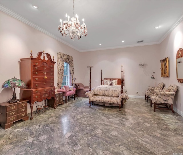 living area with a chandelier and ornamental molding