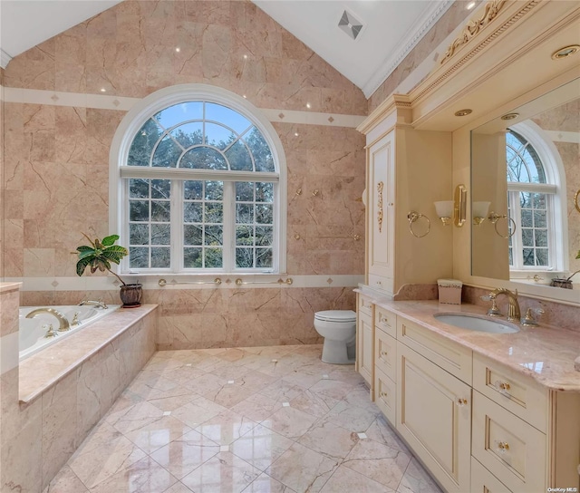 bathroom with toilet, lofted ceiling, crown molding, and a wealth of natural light