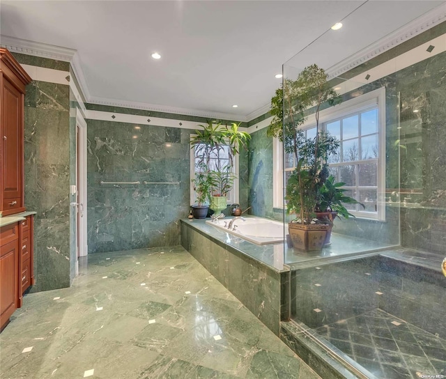 bathroom featuring crown molding and a relaxing tiled tub