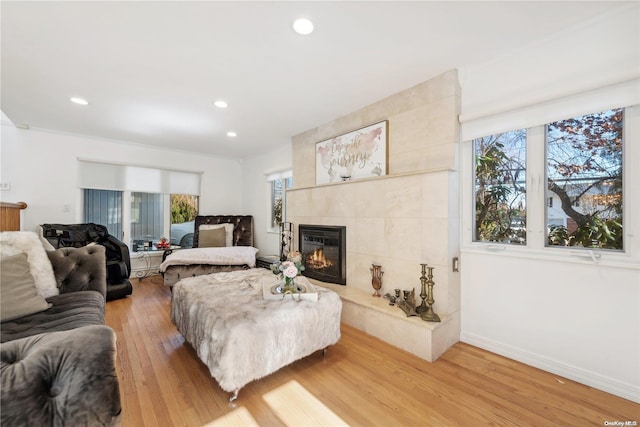 living room featuring a tile fireplace and hardwood / wood-style floors