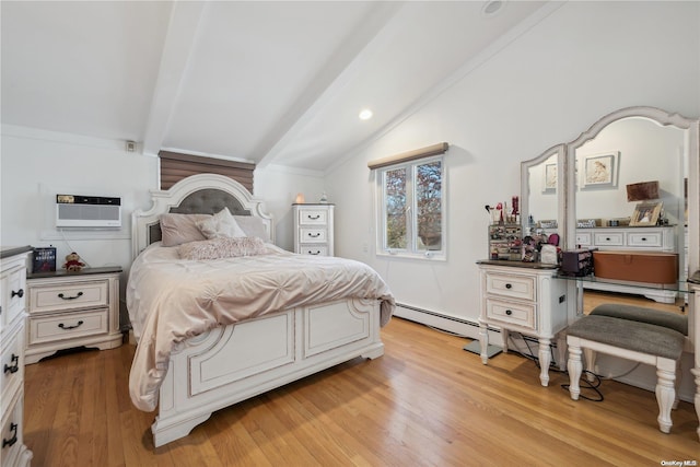 bedroom with lofted ceiling with beams, light hardwood / wood-style flooring, and a wall mounted AC