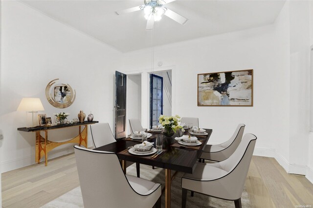 dining area with ceiling fan and light wood-type flooring