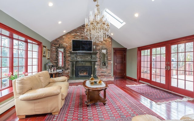 living room with high vaulted ceiling, french doors, a baseboard radiator, wood-type flooring, and a chandelier