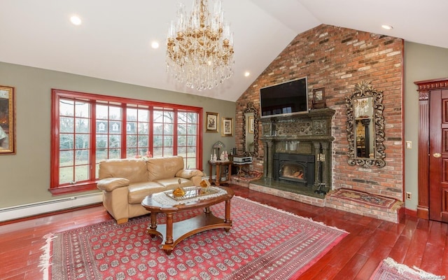 living room featuring a large fireplace, high vaulted ceiling, a baseboard radiator, and hardwood / wood-style flooring