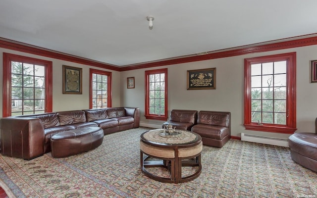 carpeted living room featuring a baseboard radiator and ornamental molding