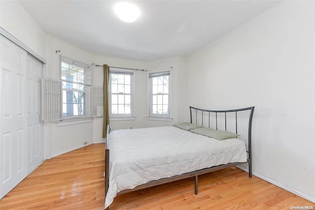 bedroom with hardwood / wood-style floors and a closet