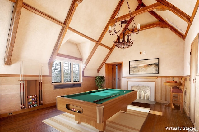 playroom featuring high vaulted ceiling, beam ceiling, wood-type flooring, and pool table