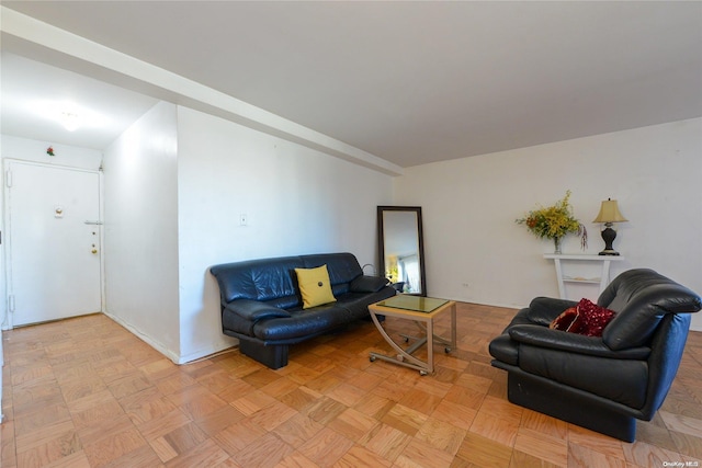 living room featuring light parquet flooring