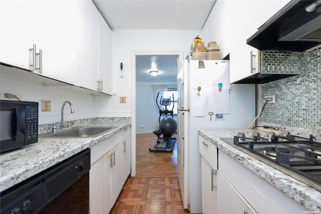 kitchen featuring exhaust hood, white cabinets, dark parquet floors, black appliances, and sink