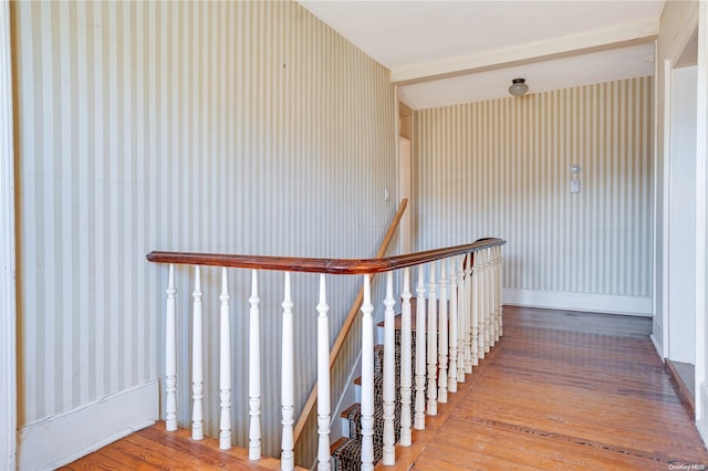 stairs featuring hardwood / wood-style floors