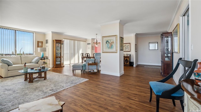 living room featuring dark hardwood / wood-style flooring and ornamental molding