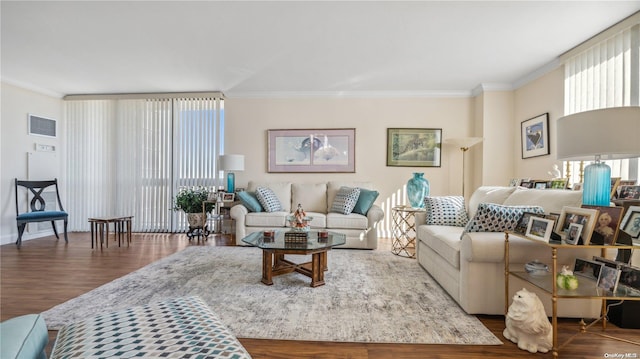 living room featuring ornamental molding and hardwood / wood-style flooring