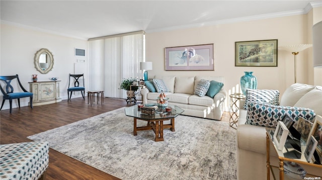 living room featuring crown molding and dark hardwood / wood-style flooring