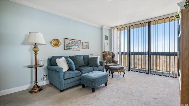 living room with carpet and crown molding