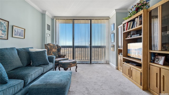 living room with carpet flooring and crown molding