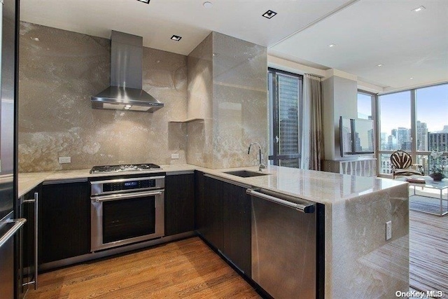 kitchen featuring sink, wall chimney exhaust hood, decorative backsplash, light wood-type flooring, and stainless steel appliances