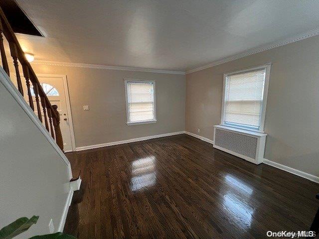 foyer entrance featuring crown molding, radiator, and dark wood-type flooring