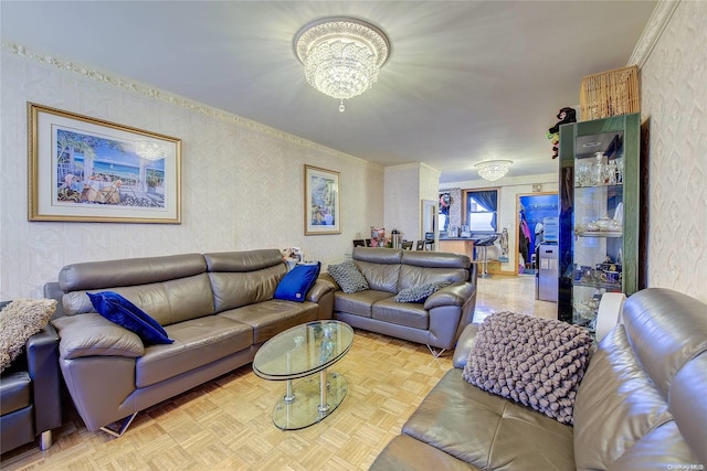 living room with parquet flooring and a chandelier