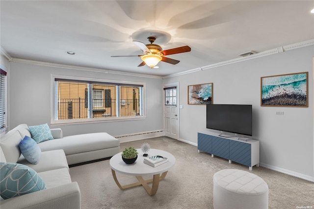 living room featuring a wealth of natural light, light colored carpet, a baseboard radiator, and ornamental molding