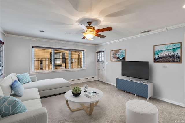 4 Midfarm Rd, Rockville Centre, NY 11570 - living room featuring a baseboard heating unit, ornamental molding, carpet, and a ceiling fan