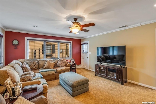 living room with light carpet, a baseboard heating unit, ceiling fan, and ornamental molding