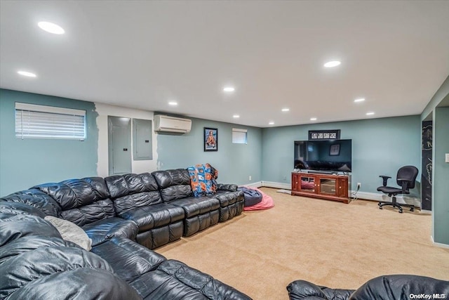 carpeted living room with a wall mounted air conditioner and electric panel