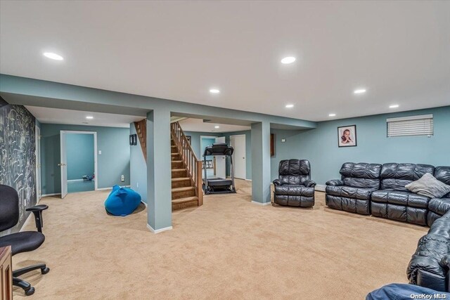 4 Midfarm Rd, Rockville Centre, NY 11570 - carpeted living room with recessed lighting and stairs