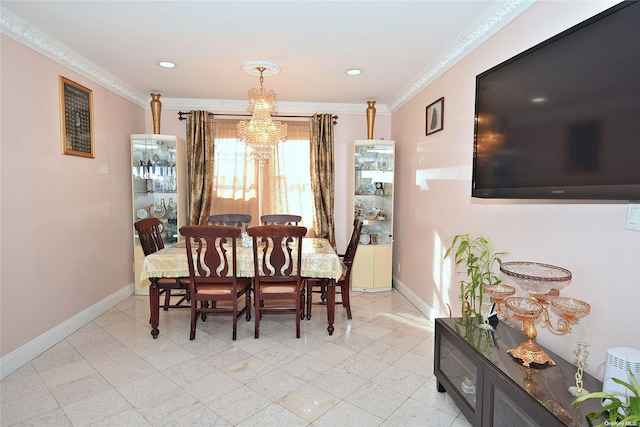 dining space with crown molding and a notable chandelier