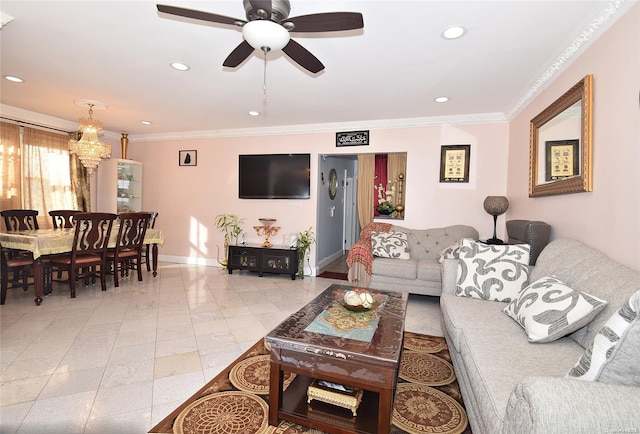 living room with crown molding and ceiling fan