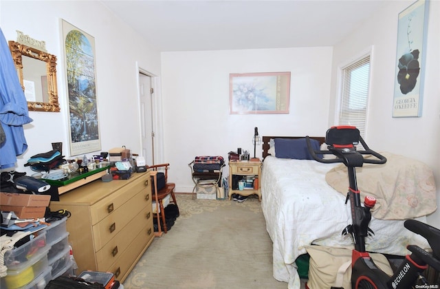 bedroom with light colored carpet