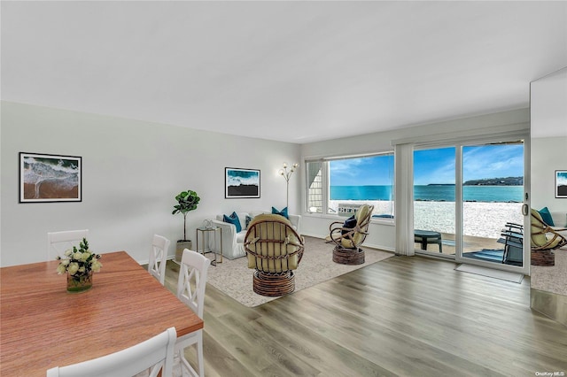 dining space with a water view and hardwood / wood-style flooring