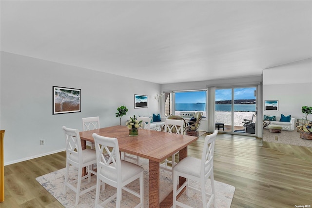 dining area featuring a water view and light hardwood / wood-style floors