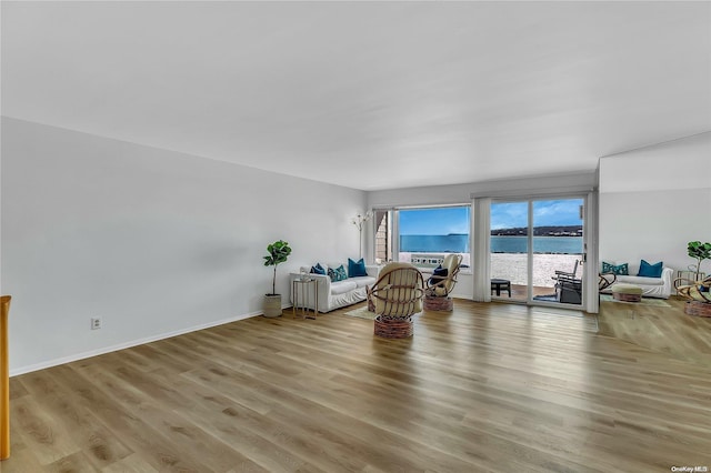 living room featuring a water view and light hardwood / wood-style floors