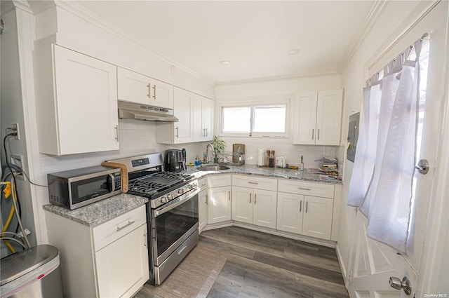 31 William St, Copiague, NY 11726 - kitchen featuring appliances with stainless steel finishes, under cabinet range hood, white cabinetry, backsplash, and light stone countertops