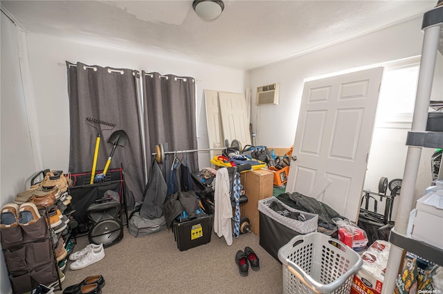 interior space featuring a wall mounted AC and carpet floors